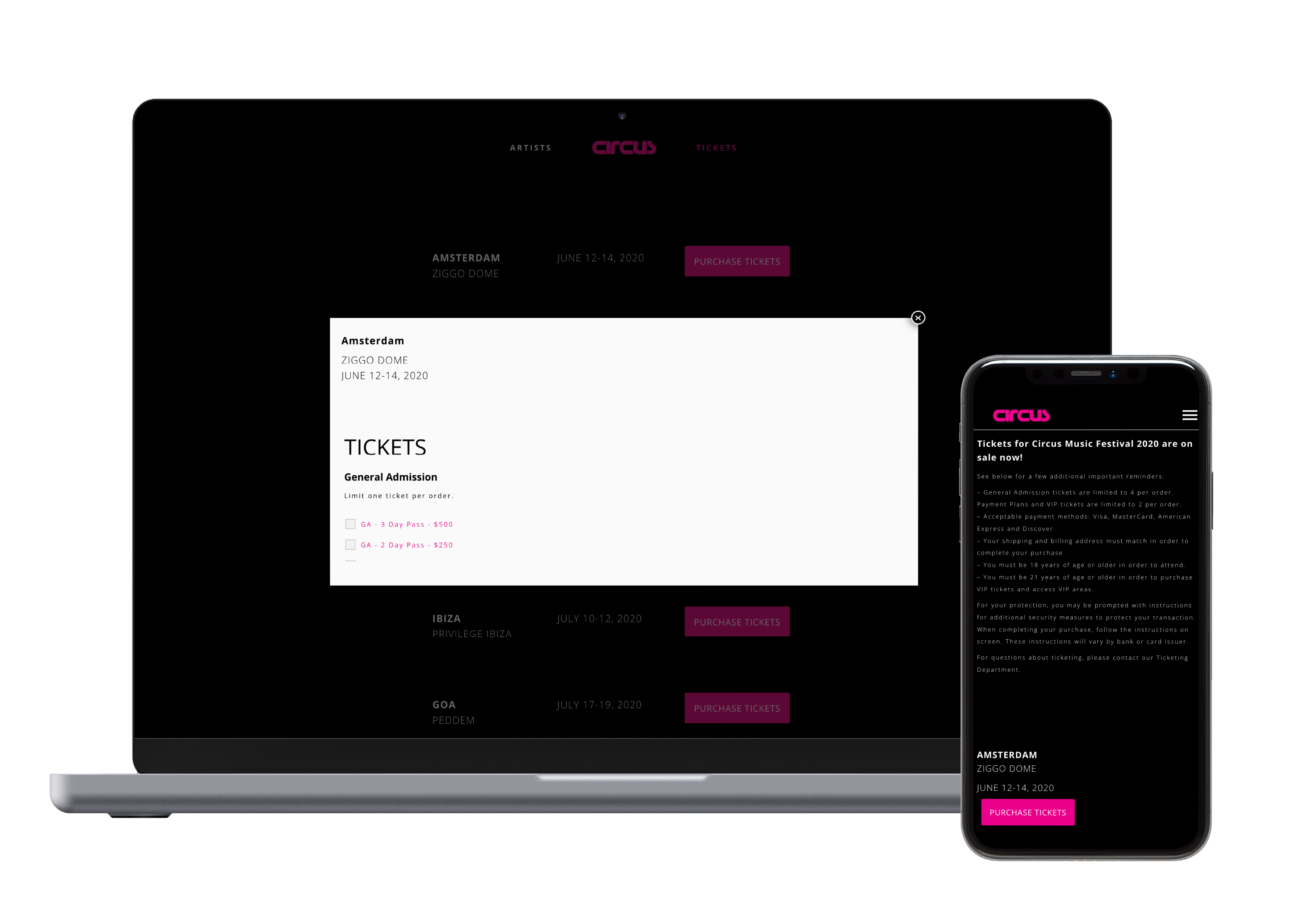 Laptop and mobile display of ticket page